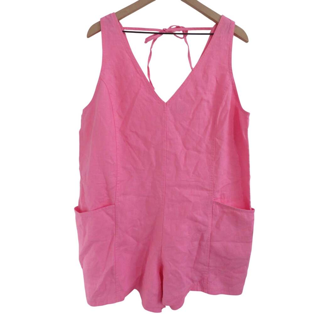 Athleta Women Sz L Raphanus Pink Retreat Linen Romper V Neck Pockets Coastal